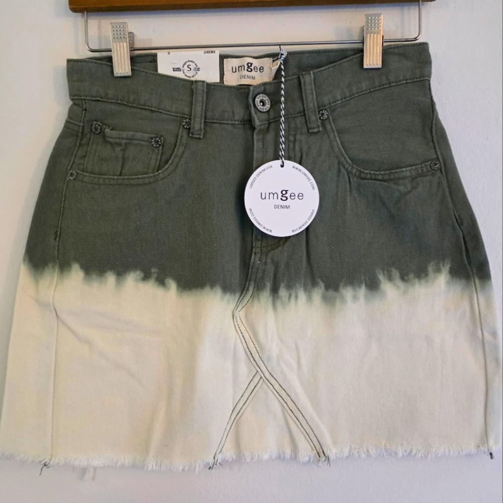 Umgee Denim Olive and Cream Mini Skirt Acid‎ Wash